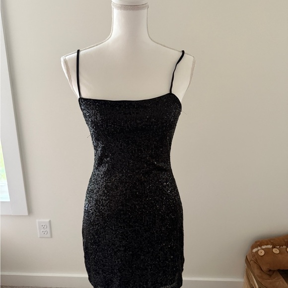 Divided Black Bodycon Mini Dress Spaghetti Strap - Picture 1 of 2